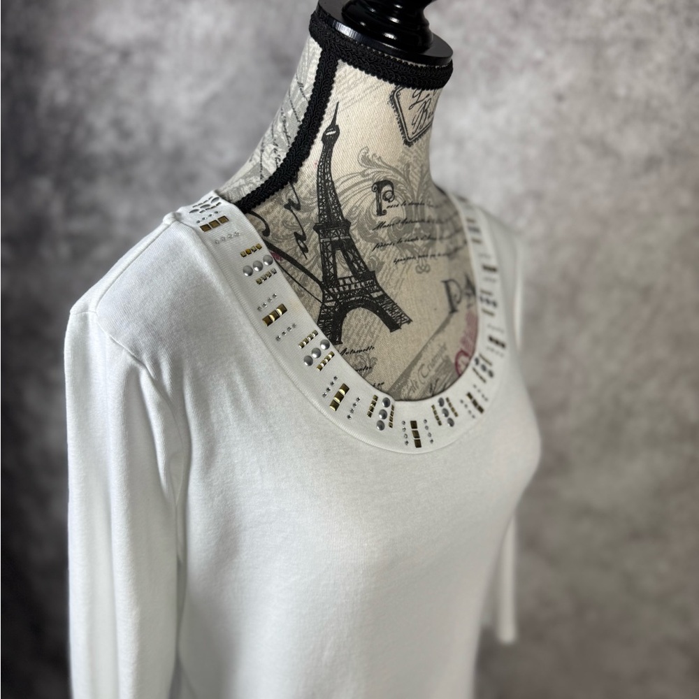 Style & Co. White Cotton Blouse with Silver/Gold Neckline 3/4 Sleeves Size M - Picture 8 of 11
